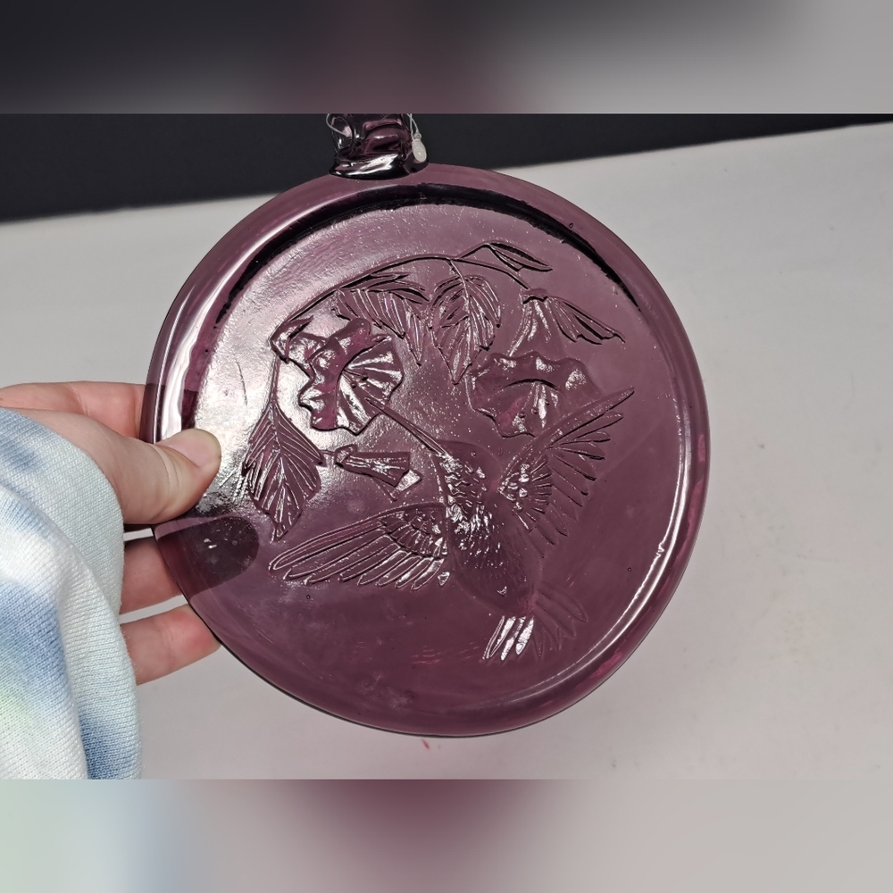 Purple Large Round Art Glass Sun Catcher With Humming Bird And Flowers